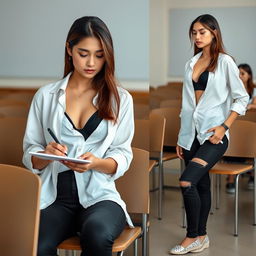 A young woman, embodying a modern and confident style, is seated in a classroom