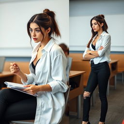 A young woman, embodying a modern and confident style, is seated in a classroom