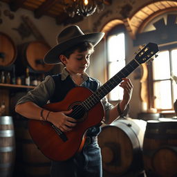 A realistic photo of a young gypsy flamenco guitarist boy playing a classical Spanish guitar in a winery in Andalusia