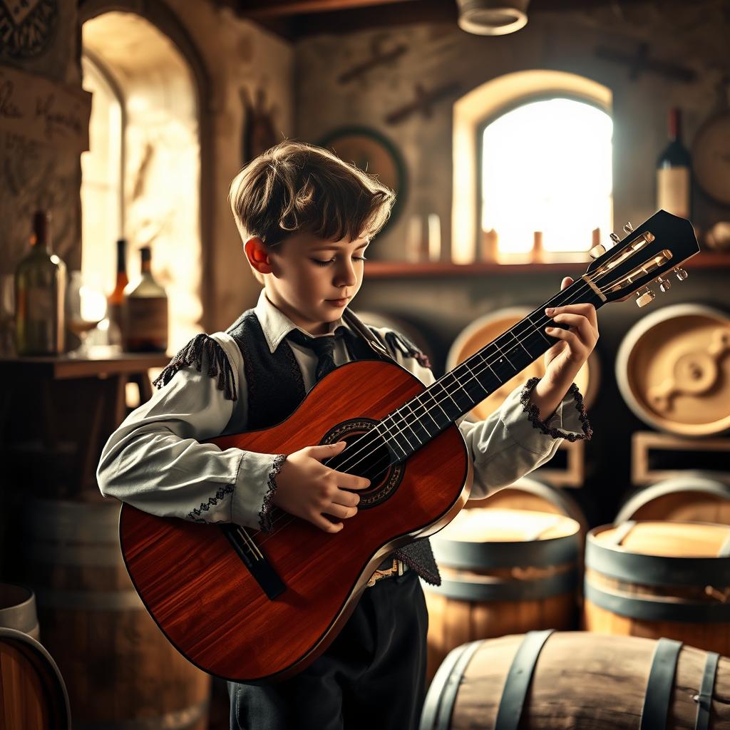 A realistic photo of a young gypsy flamenco guitarist boy playing a classical Spanish guitar in a winery in Andalusia