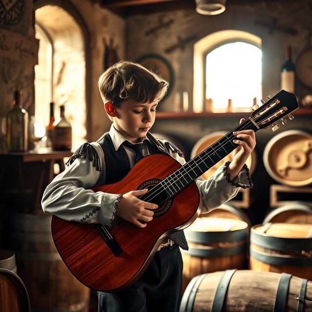 A realistic photo of a young gypsy flamenco guitarist boy playing a classical Spanish guitar in a winery in Andalusia