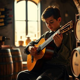 A realistic photo of a young gypsy flamenco guitarist boy playing a classical Spanish guitar in a winery in Andalusia