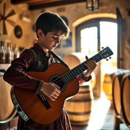 A realistic photo of a young gypsy flamenco guitarist boy playing a classical Spanish guitar in a winery in Andalusia