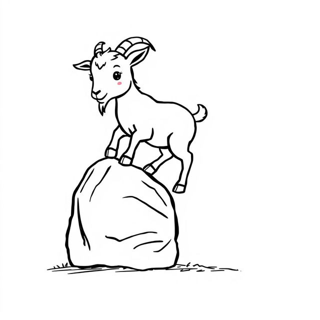 A simple black and white drawing of a small goat climbing on a rock, set against a white background