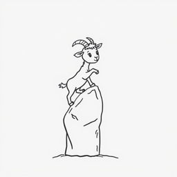 A simple black and white drawing of a small goat climbing on a rock, set against a white background