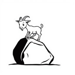 A simple black and white drawing of a small goat climbing on a rock, set against a white background