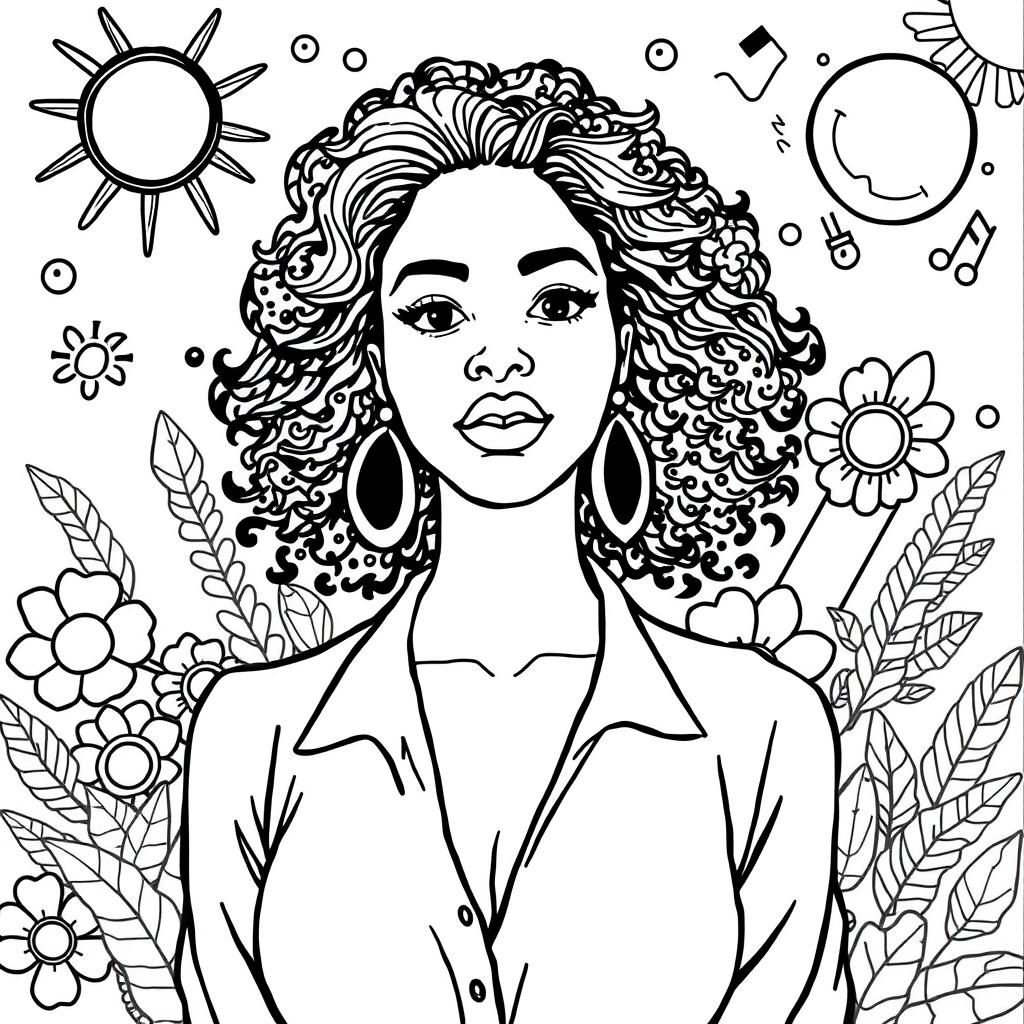 Adult coloring book outline image of an African American woman in a full-body pose