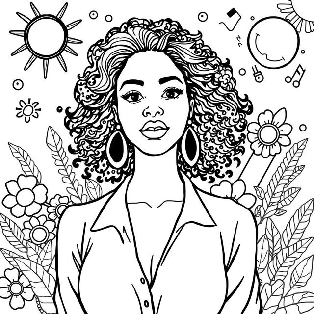 Adult coloring book outline image of an African American woman in a full-body pose