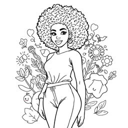 Adult coloring book outline image of an African American woman in a full-body pose