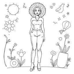 Adult coloring book outline image of an African American woman in a full-body pose