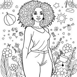 Adult coloring book outline image of an African American woman in a full-body pose