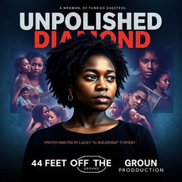 A powerful movie poster for the film "Unpolished Diamond" featuring a Black woman in her early adulthood, portrayed in a soulful, introspective manner