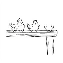 A simple black and white drawing of chickens perching on a wooden beam before sleeping, set against a white background