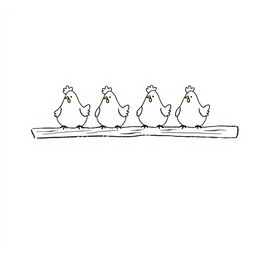 A simple black and white drawing of chickens perching on a wooden beam before sleeping, set against a white background