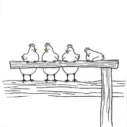 A simple black and white drawing of chickens perching on a wooden beam before sleeping, set against a white background