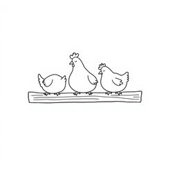 A simple black and white drawing of chickens perching on a wooden beam before sleeping, set against a white background