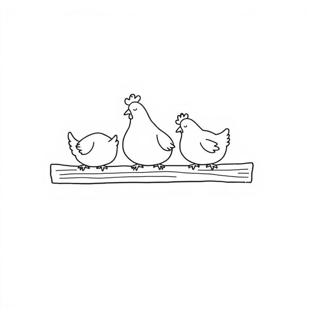 A simple black and white drawing of chickens perching on a wooden beam before sleeping, set against a white background