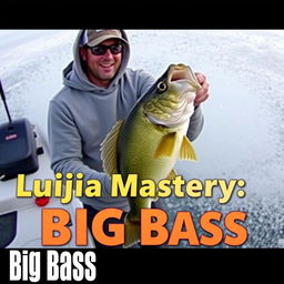 An engaging thumbnail design for a video, showing a fisherman in a grey sweatshirt catching a bass from a boat that is dramatically splashing through the water