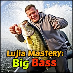 An engaging thumbnail design for a video, showing a fisherman in a grey sweatshirt catching a bass from a boat that is dramatically splashing through the water