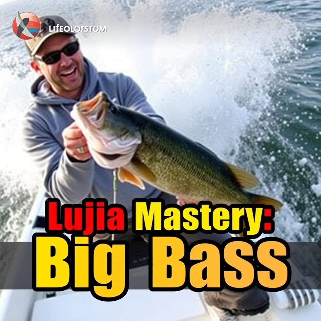 An engaging thumbnail design for a video, showing a fisherman in a grey sweatshirt catching a bass from a boat that is dramatically splashing through the water