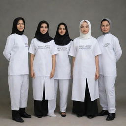 A group photo of three women in headscarves, white shirts and long black trousers and four men in white shirts and long black trousers. The back of their garments have the words 'KPPS TPS 13 - 14' embroidered.