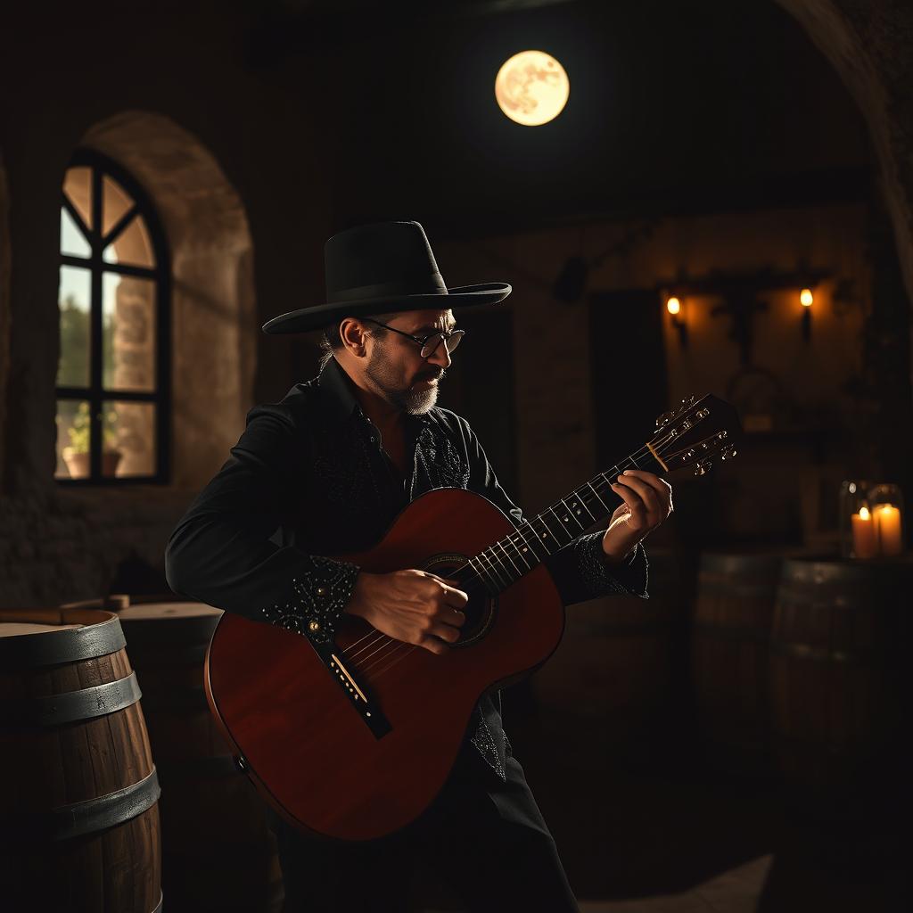 A realistic photo of a gypsy flamenco guitarist man playing a classical Spanish guitar in a winery in Andalusia at night