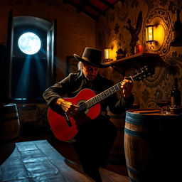 A realistic photo of a gypsy flamenco guitarist man playing a classical Spanish guitar in a winery in Andalusia at night