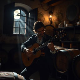 A realistic photo of a gypsy flamenco guitarist man playing a classical Spanish guitar in a winery in Andalusia at night