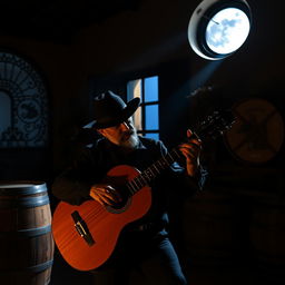 A realistic photo of a gypsy flamenco guitarist man playing a classical Spanish guitar in a winery in Andalusia at night