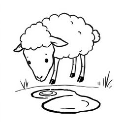 A simple black and white drawing of a sheep gently bending down to drink fresh water from a small puddle, set against a white background