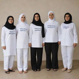 A group photo of three women in headscarves, white shirts and long black trousers and four men in white shirts and long black trousers. The back of their garments have the words 'KPPS TPS 13 - 14' embroidered.