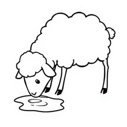 A simple black and white drawing of a sheep gently bending down to drink fresh water from a small puddle, set against a white background