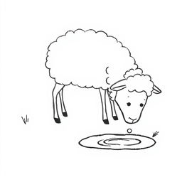 A simple black and white drawing of a sheep gently bending down to drink fresh water from a small puddle, set against a white background