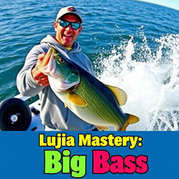 An engaging and vivid thumbnail for a video, depicting a fisherman in a grey sweatshirt catching a bass from a boat that is dramatically splashing through the water