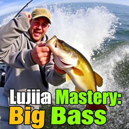 An engaging and vivid thumbnail for a video, depicting a fisherman in a grey sweatshirt catching a bass from a boat that is dramatically splashing through the water