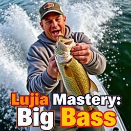 An engaging and vivid thumbnail for a video, depicting a fisherman in a grey sweatshirt catching a bass from a boat that is dramatically splashing through the water