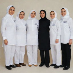 A group photo of three women in headscarves, white shirts and long black trousers and four men in white shirts and long black trousers. The back of their garments have the words 'KPPS TPS 13 - 14' embroidered.