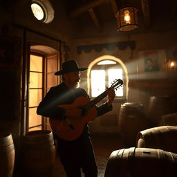 A realistic photo of a gypsy flamenco guitarist man playing a classical Spanish guitar in a winery in Andalusia at night