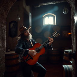 A realistic photo of a gypsy flamenco guitarist man playing a classical Spanish guitar in a winery in Andalusia at night