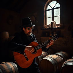 A realistic photo of a gypsy flamenco guitarist man playing a classical Spanish guitar in a winery in Andalusia at night