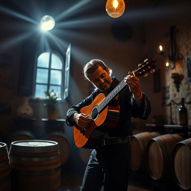 A realistic photo of a gypsy flamenco guitarist man playing a classical Spanish guitar in a winery in Andalusia at night