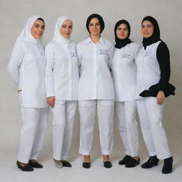 A group photo of three women in headscarves, white shirts and long black trousers and four men in white shirts and long black trousers. The back of their garments have the words 'KPPS TPS 13 - 14' embroidered.