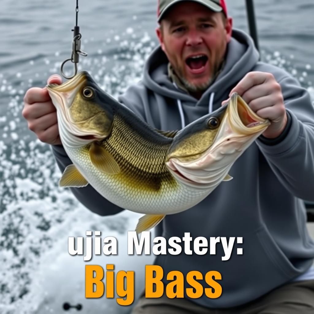 Create a captivating thumbnail for a video, featuring a fisherman in a grey sweatshirt catching a bass from a boat with water dramatically splashing around