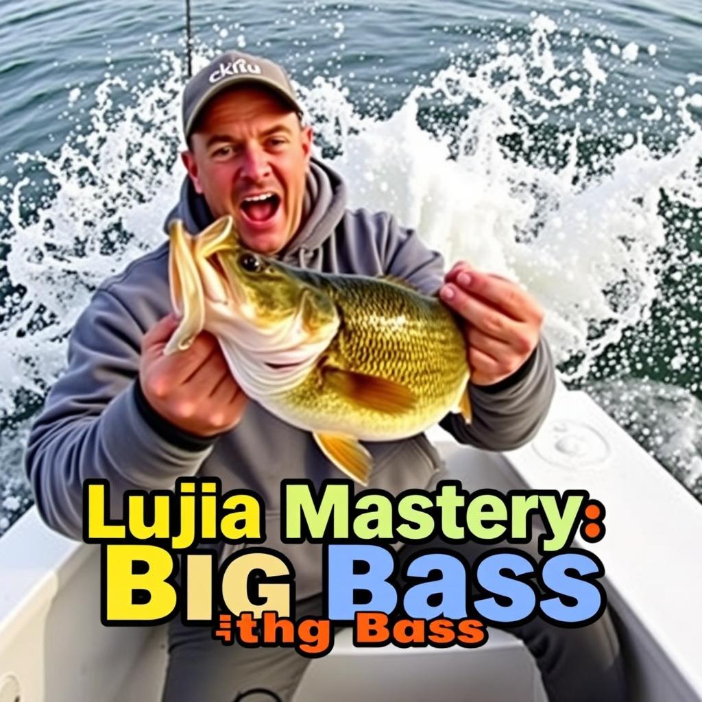 Create a captivating thumbnail for a video, featuring a fisherman in a grey sweatshirt catching a bass from a boat with water dramatically splashing around