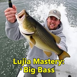 Create a captivating thumbnail for a video, featuring a fisherman in a grey sweatshirt catching a bass from a boat with water dramatically splashing around