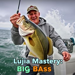 Create a captivating thumbnail for a video, featuring a fisherman in a grey sweatshirt catching a bass from a boat with water dramatically splashing around