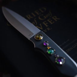 A knife with precious gemstones adorning the handle, set against a dark cover to create an intriguing and mysterious atmosphere where the details of the knife and the gemstones are subtly obscured, yet hinted at through the glimmer and glow of the stones