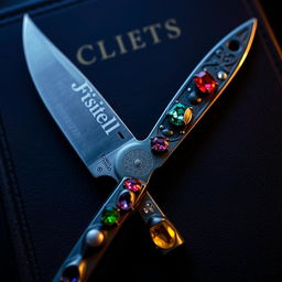 A knife with precious gemstones adorning the handle, set against a dark cover to create an intriguing and mysterious atmosphere where the details of the knife and the gemstones are subtly obscured, yet hinted at through the glimmer and glow of the stones