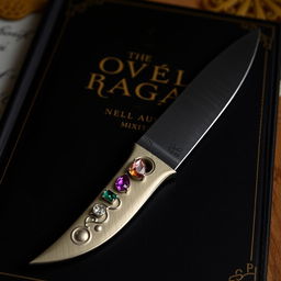 A knife with precious gemstones adorning the handle, set against a dark cover to create an intriguing and mysterious atmosphere where the details of the knife and the gemstones are subtly obscured, yet hinted at through the glimmer and glow of the stones