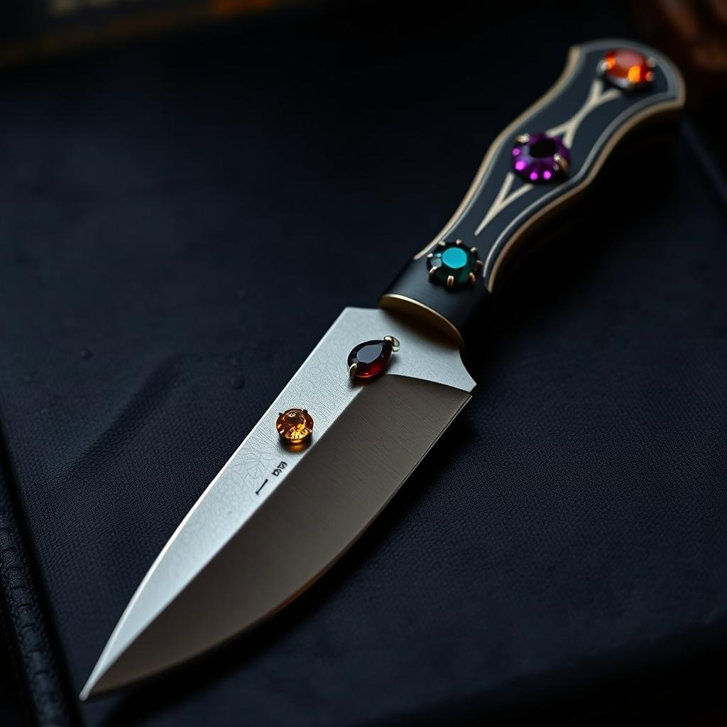 A knife with precious gemstones adorning the handle, set against a dark cover to create an intriguing and mysterious atmosphere where the details of the knife and the gemstones are subtly obscured, yet hinted at through the glimmer and glow of the stones